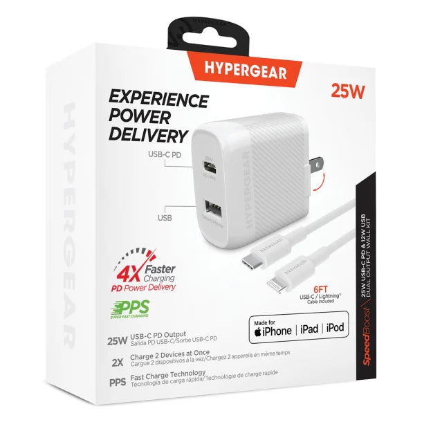 HyperGear SpeedBoost 25-Watt PD Dual-Output Lightning Wall Charger Kit