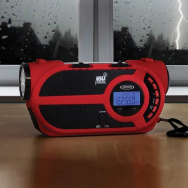 JENSEN® Portable Digital AM/FM Weather Radio with Weather Alert, Flashlight, and 4-Way Charging, Red
