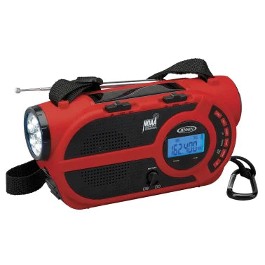 JENSEN® Portable Digital AM/FM Weather Radio with Weather Alert, Flashlight, and 4-Way Charging, Red