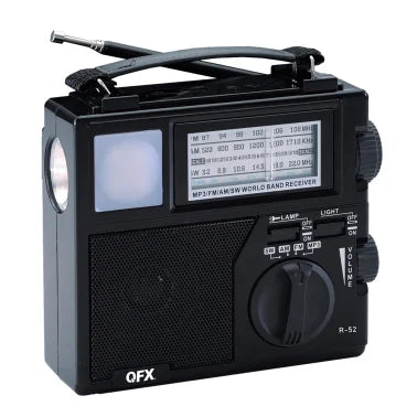 QFX® Portable AM/FM/Shortwave Radio with Bluetooth®, Flashlight, and Solar Panel, Black