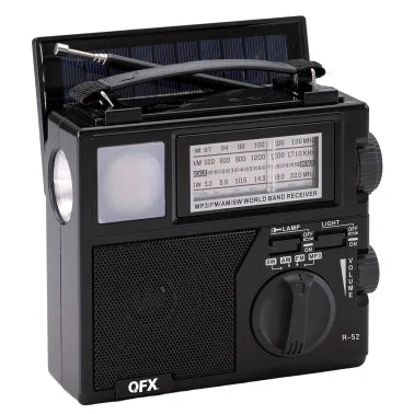 QFX® Portable AM/FM/Shortwave Radio with Bluetooth®, Flashlight, and Solar Panel, Black