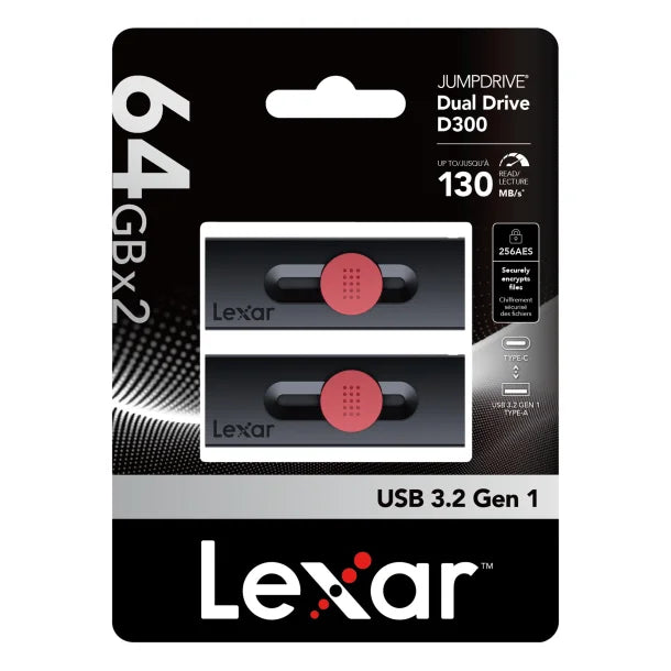 Lexar® JumpDrive® D300 USB 3.2 Dual Drive with USB-C® and USB-A, 2 Pack (64 GB)