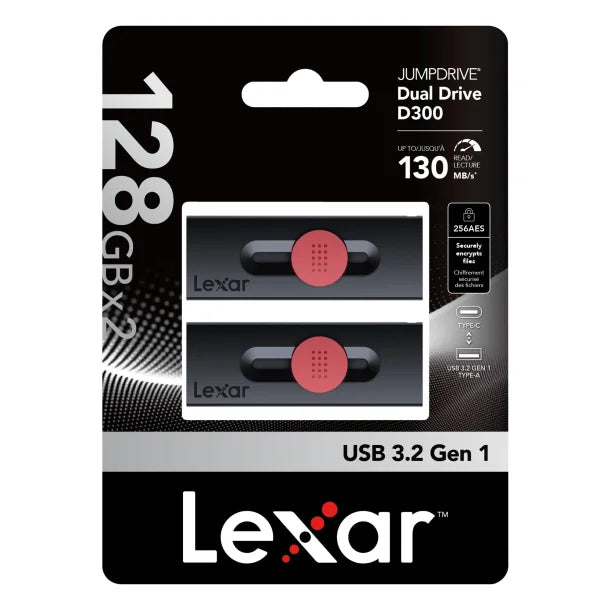 Lexar® JumpDrive® D300 USB 3.2 Dual Drive with USB-C® and USB-A, 2 Pack (128 GB)