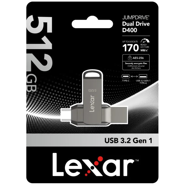 Lexar® JumpDrive® D400 USB 3.2 Gen 1 Dual Drive with USB-C® and USB-A Connectors (512 GB)
