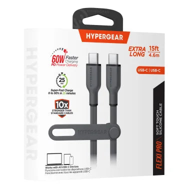 HyperGear® Flexi Pro USB-C® to USB-C® Soft-Touch Silicone Fast Charge and Sync Cable (10 FT)