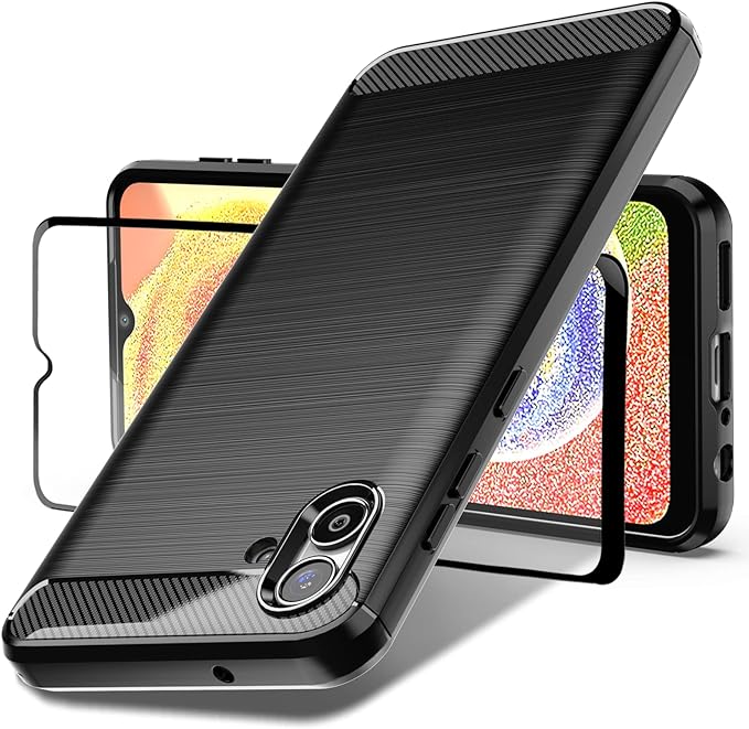 Dretal Samsung A04 Case with Tempered Glass Screen Protector, Shock-Absorption Brushed Flexible Soft TPU Carbon Fiber -Black)