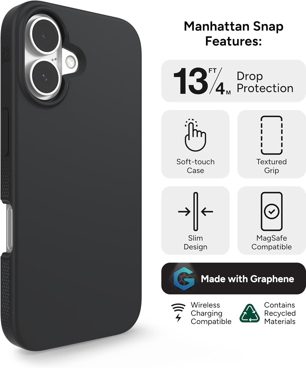ZAGG - Manhattan Snap MagSafe Case for Apple iPhone 16 - Black