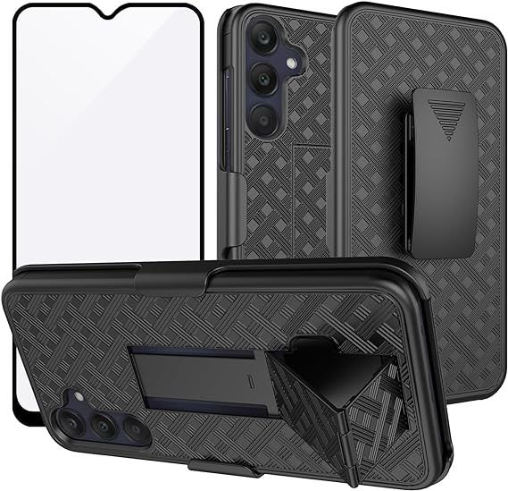 Ailiber Samsung Galaxy A25 5G Case Holster with Screen Protector, Swivel Belt Clip, Kickstand Holder, Slim Shockproof Shell Full Body 6.5"-Black