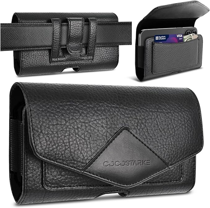 Coco Leather Cell Phone Holster with Belt Loop Phone Belt Holder Carrying Phone Pouches Wallet Black