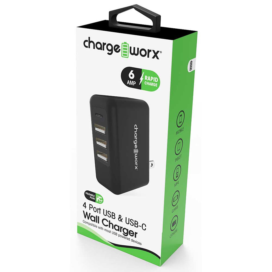Chargeworx 4 ports USB Wall Charger, Black