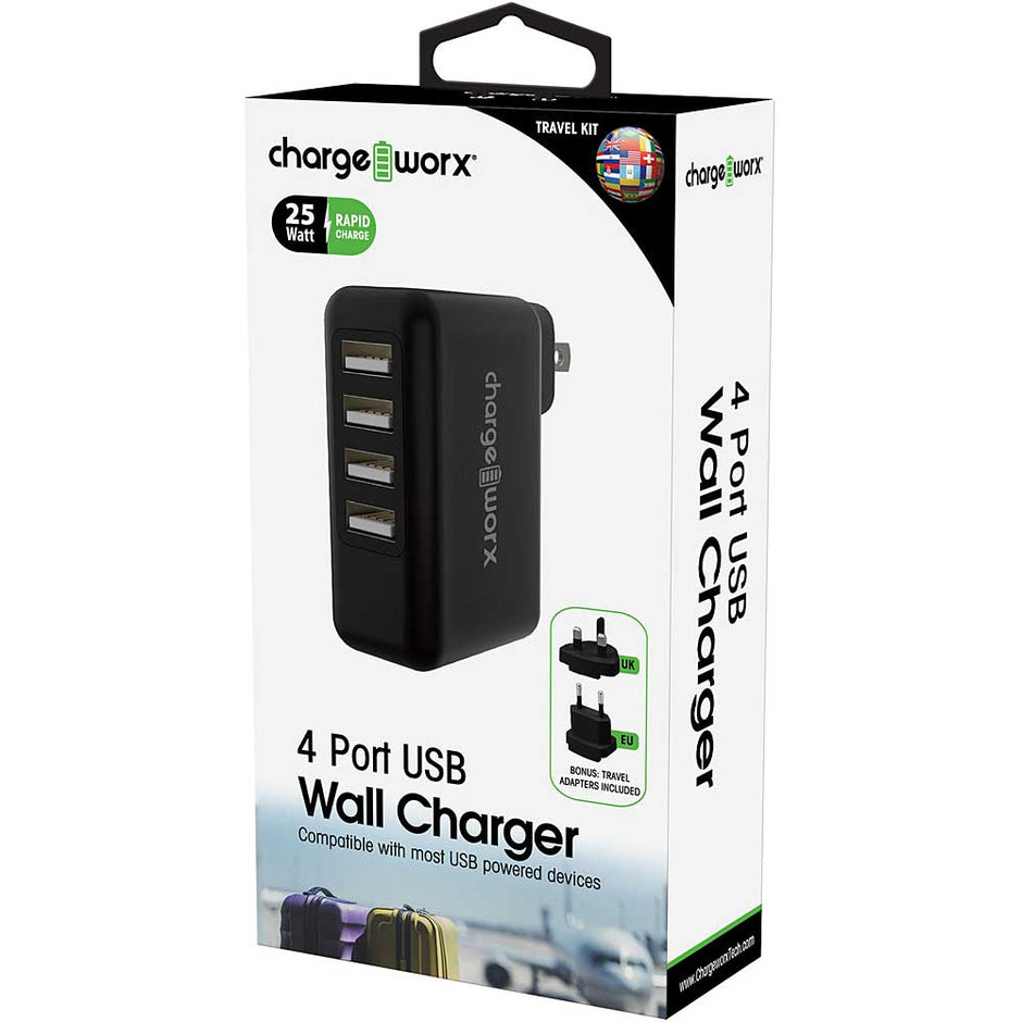 Chargeworx WALL CHARGER 4 PORT USB Compatible with most USB Powered devices