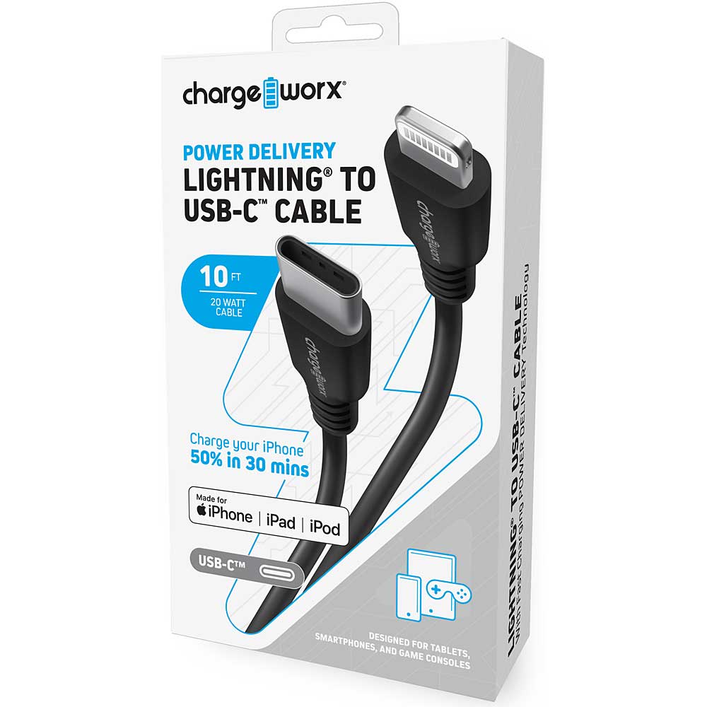 Chargeworx Power Delivery 10ft Lightning to USB-C Cable