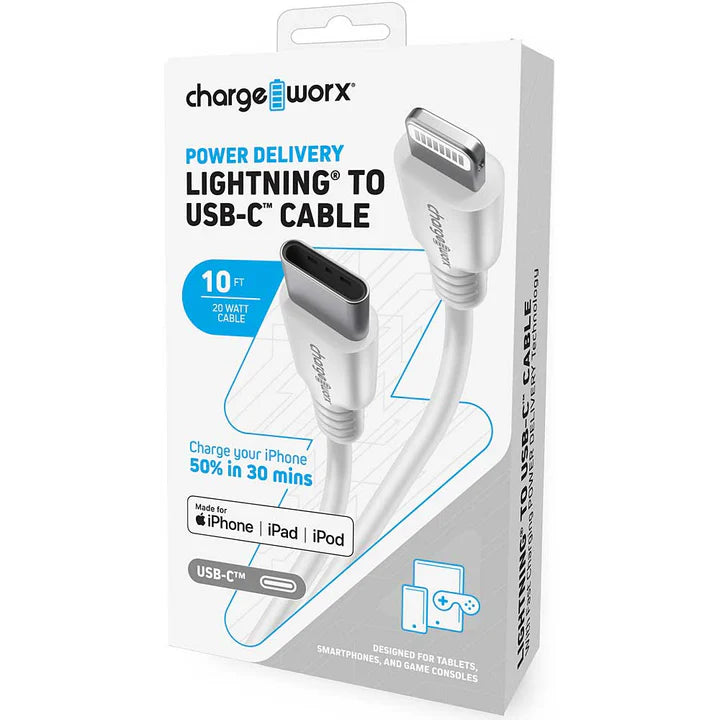 Chargeworx Power Delivery 10ft Lightning to USB-C Cable