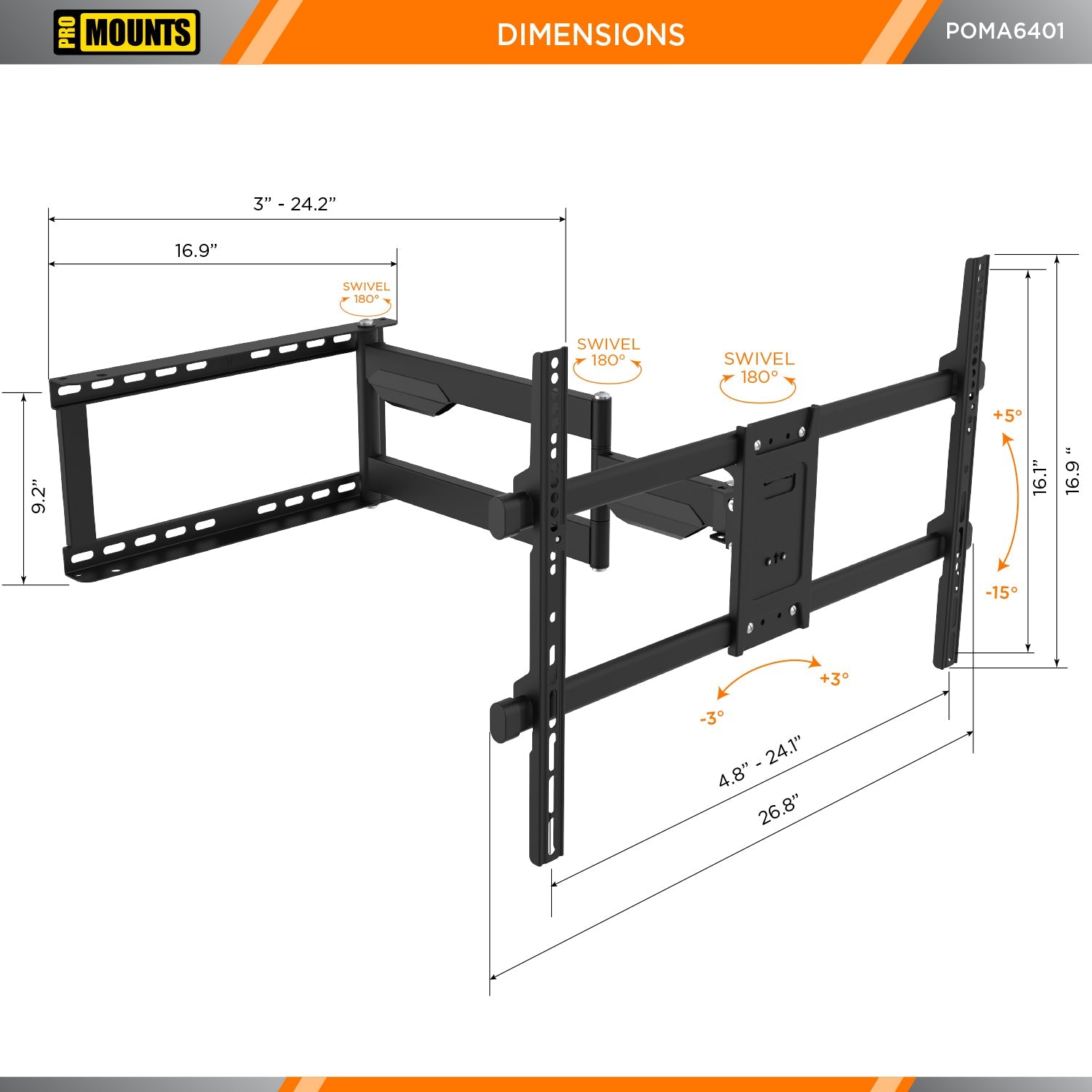 Promounts POMA6401 32-Inch to 75-Inch Large Outdoor Articulating TV Wall Mount with Extendable Arm