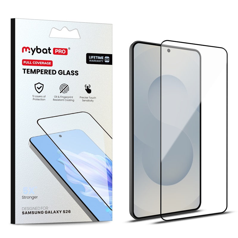 MyBat Pro Full Coverage Tempered Glass Screen Protector (Fingerprint Unlock) for Samsung Galaxy S26 - Black