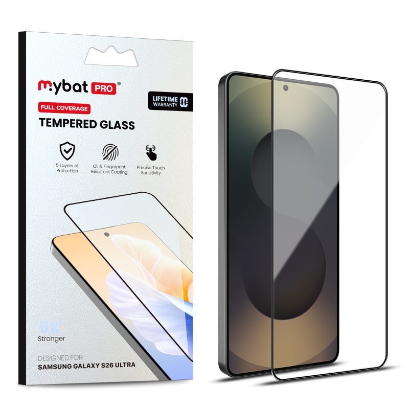 MyBat Pro Full Coverage Tempered Glass Screen Protector (Fingerprint Unlock) for Samsung Galaxy S26 Ultra - Black