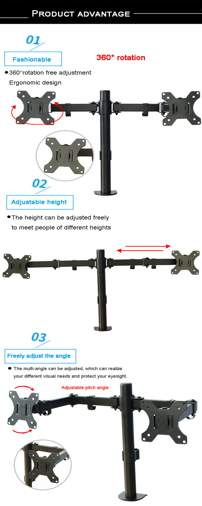 Adjustable Dual Arm Monitor Mount for 10-27 inch Computer Screen