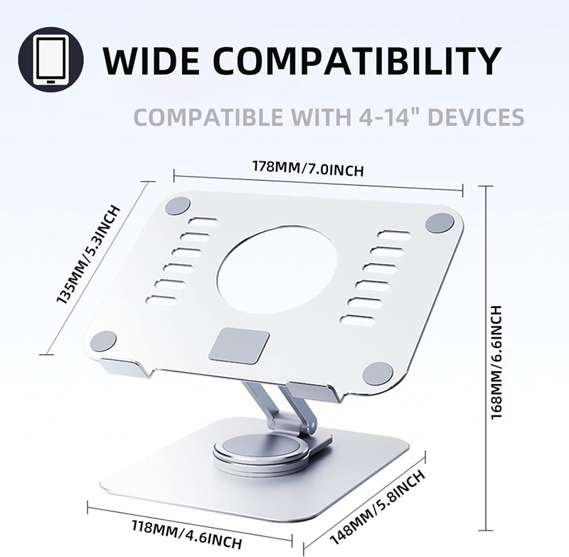 360Β° Rotating Foldable Aluminum Tablet Stand for Tablets within 4-14 inches Silver
