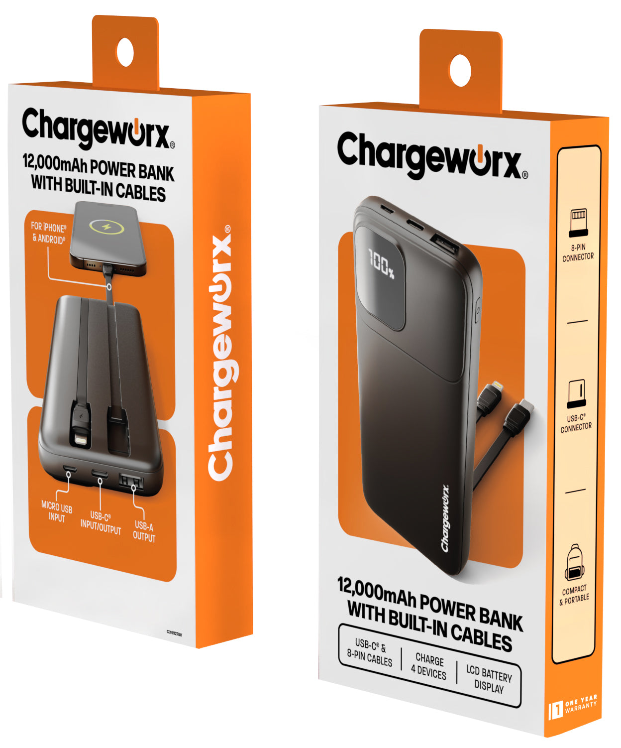 Chargeworx 12,000mAh Power Bank with Built-In Cables