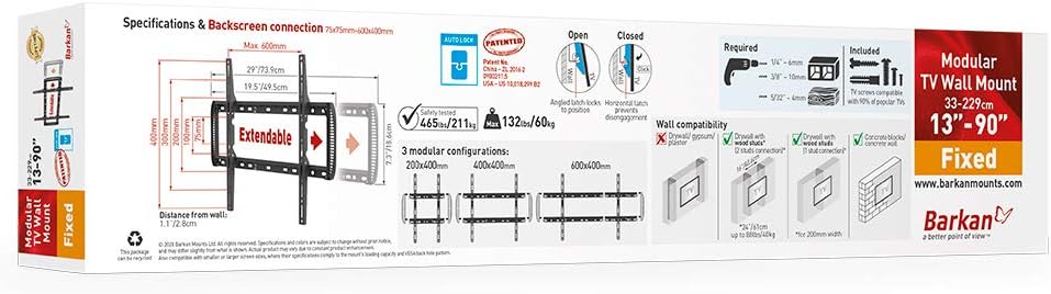 Barkan BM400T 13"-90" Extendable Auto Locking Fixed TV Wall Mount
