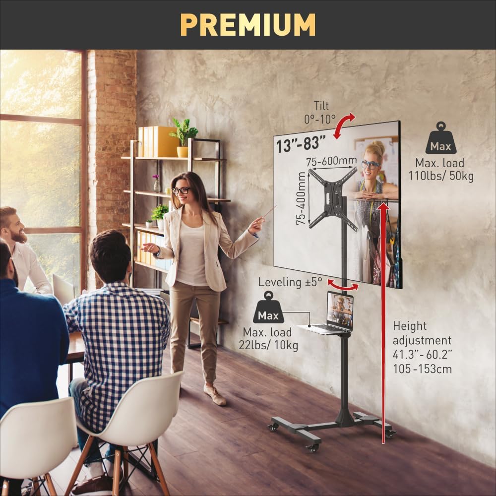 Barkan SW411H 13"-86" Adjustable Mobile TV Cart with Metal Shelf