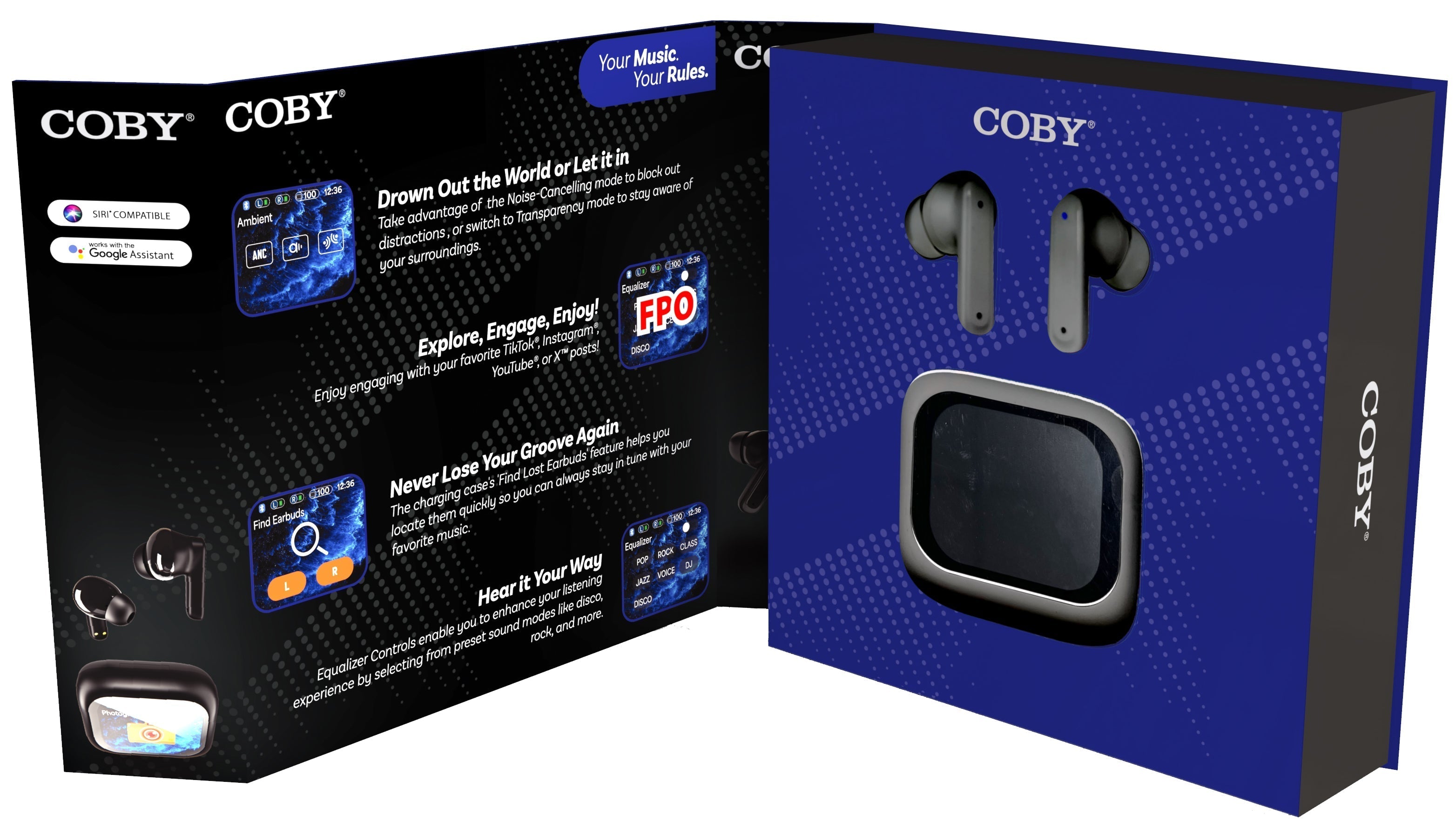 Coby CETW645 Active Noise Cancelling True Wireless Earbuds with Charging Smart Display Case