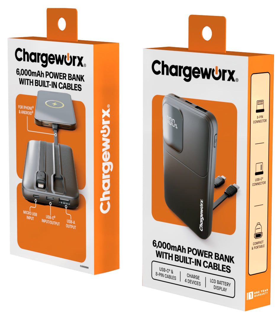 Chargeworx 6,000mAh Power Bank with Built-In Cables