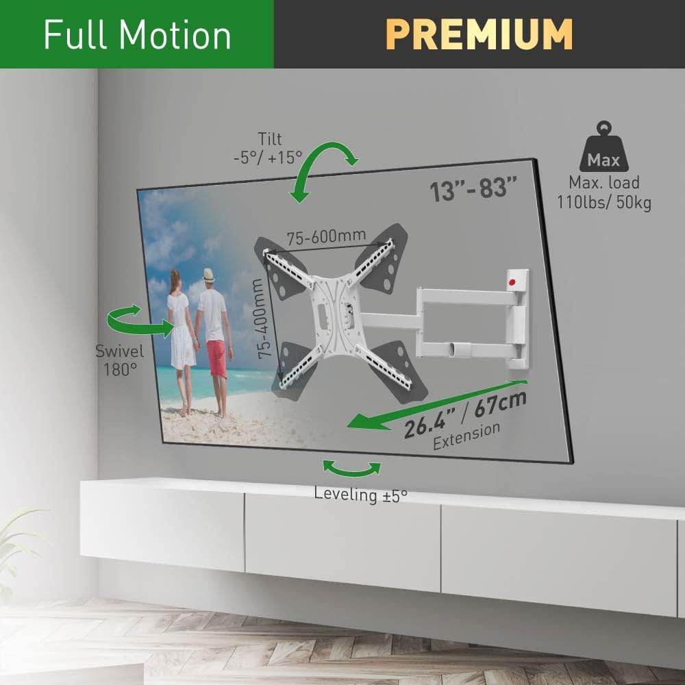 Barkan 3400LW 13"-86" Full Motion Articulating TV Wall Mount with Long Arm (White)