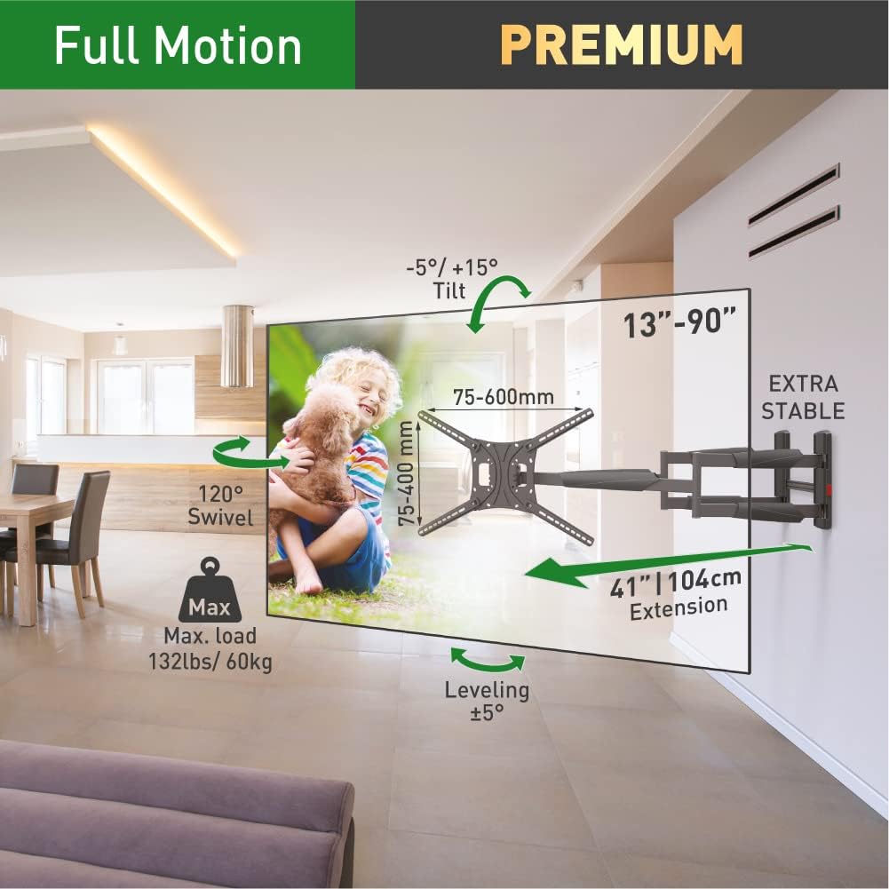 Barkan BM466XP 13"-90" Dual Arm Full Motion Articulating TV Wall Mount with Xtra Long Arm