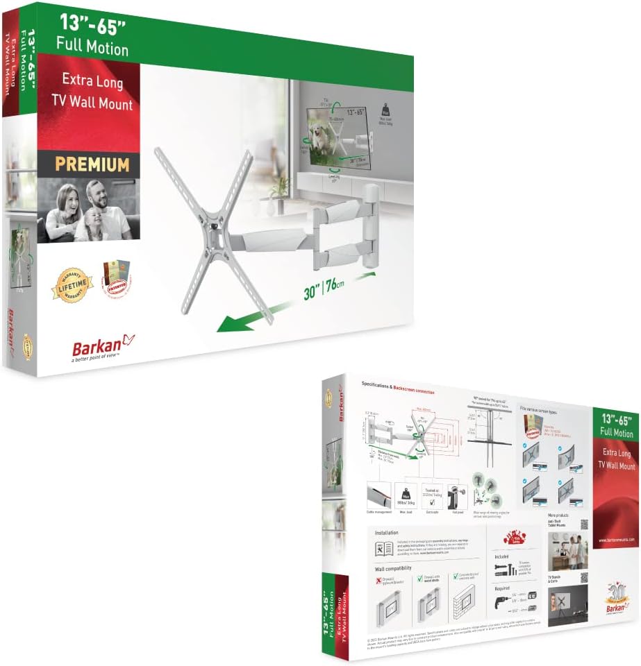 Barkan BM343XLW 13"-65" Full Motion Articulating TV Wall Mount with Xtra Long Arm (White)