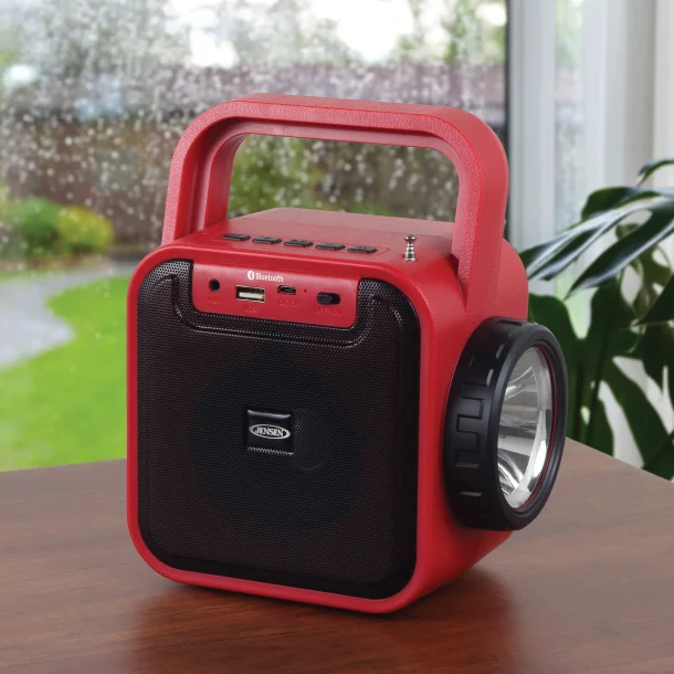 JENSEN JEP-175 Portable Rechargeable Bluetooth Speaker with FM Radio, Flashlight, Solar Panel, and USB Port
