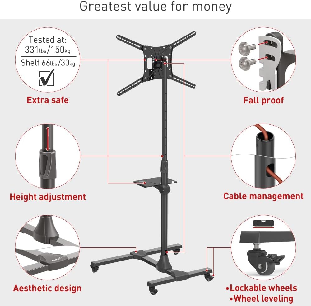 Barkan SW411H 13"-86" Adjustable Mobile TV Cart with Metal Shelf