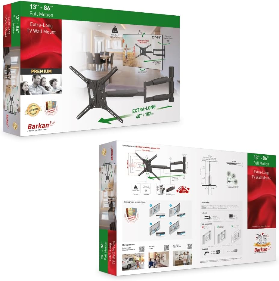 Barkan BM443XL 13"-86" Full Motion Articulating TV Wall Mount with Xtra Long Arm