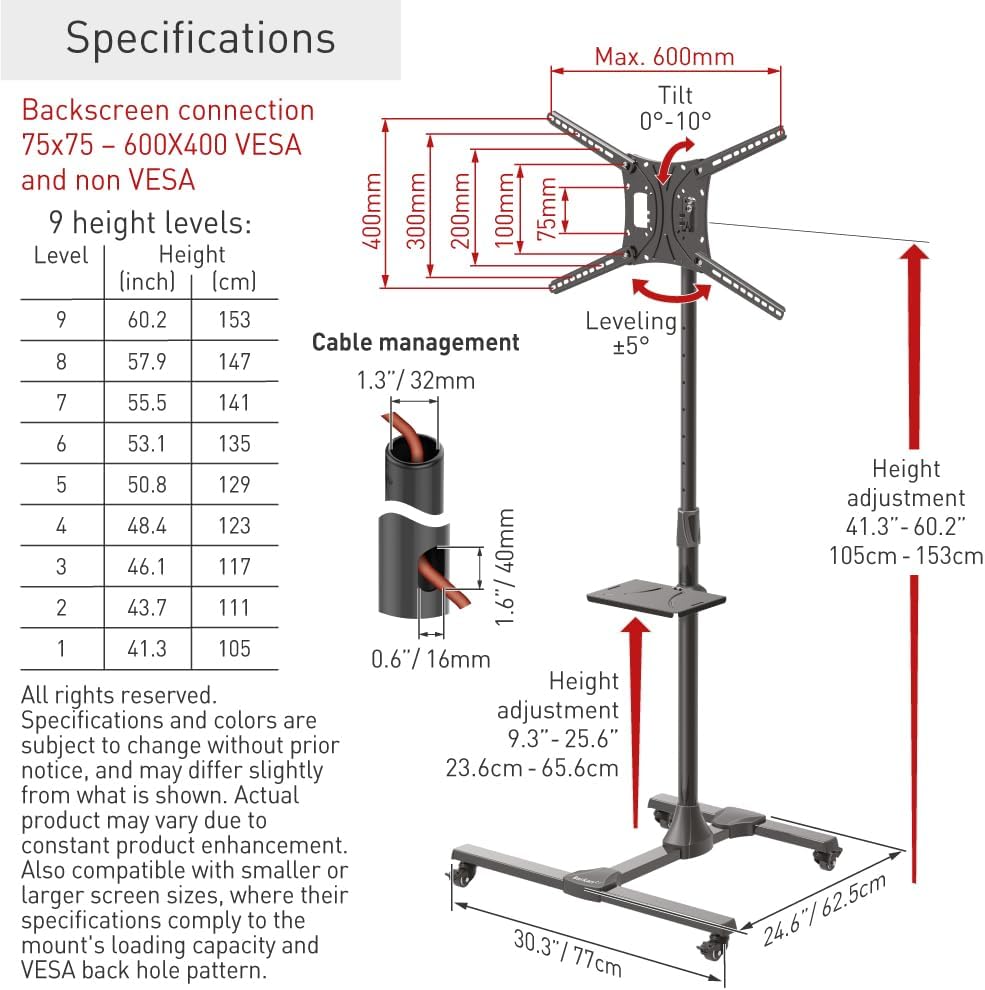 Barkan SW411H 13"-86" Adjustable Mobile TV Cart with Metal Shelf