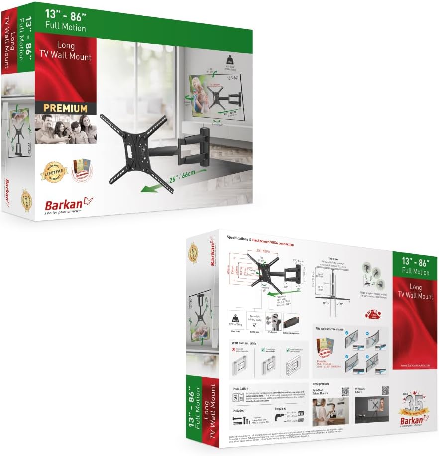 Barkan BM443LP 13"-86" Full Motion Articulating TV Wall Mount with Long Arm