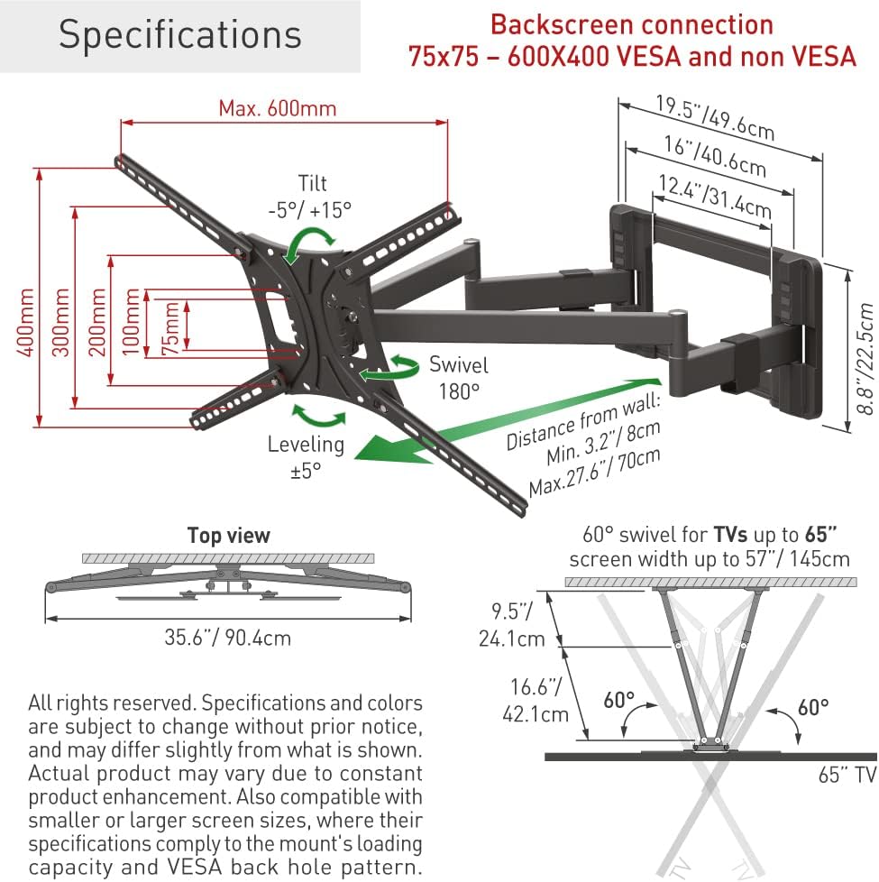 Barkan BM464L 13"-90" Dual Arm Full Motion Articulating TV Wall Mount with Long Arm