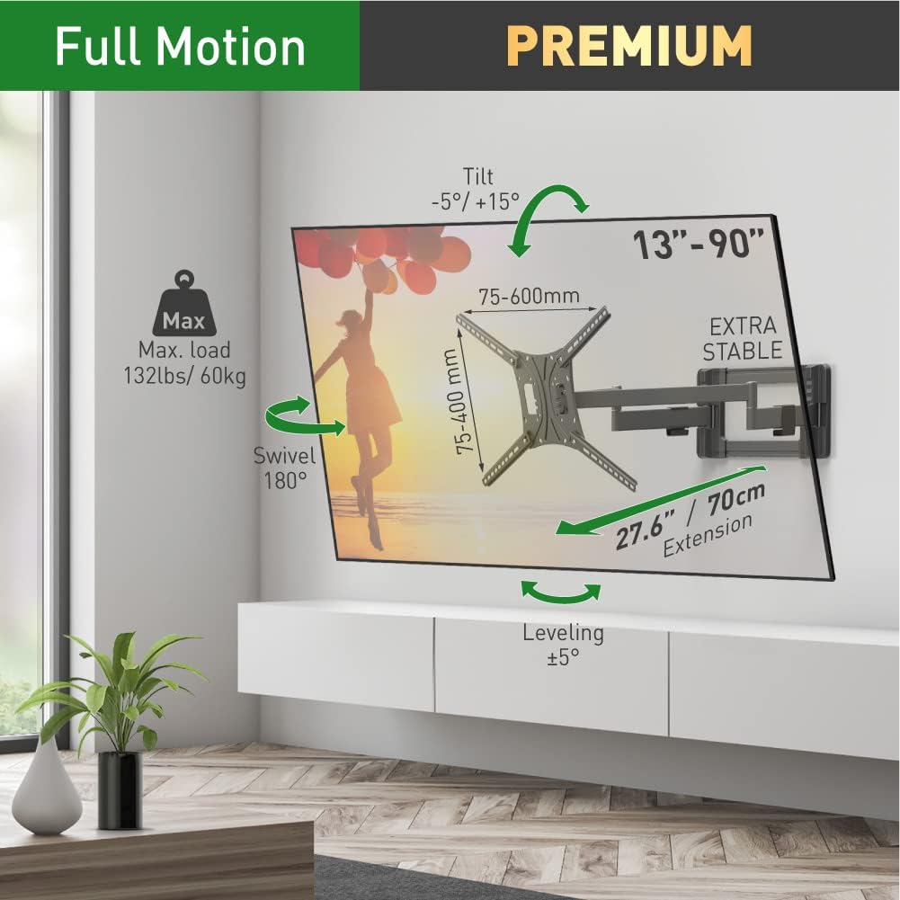 Barkan BM464L 13"-90" Dual Arm Full Motion Articulating TV Wall Mount with Long Arm
