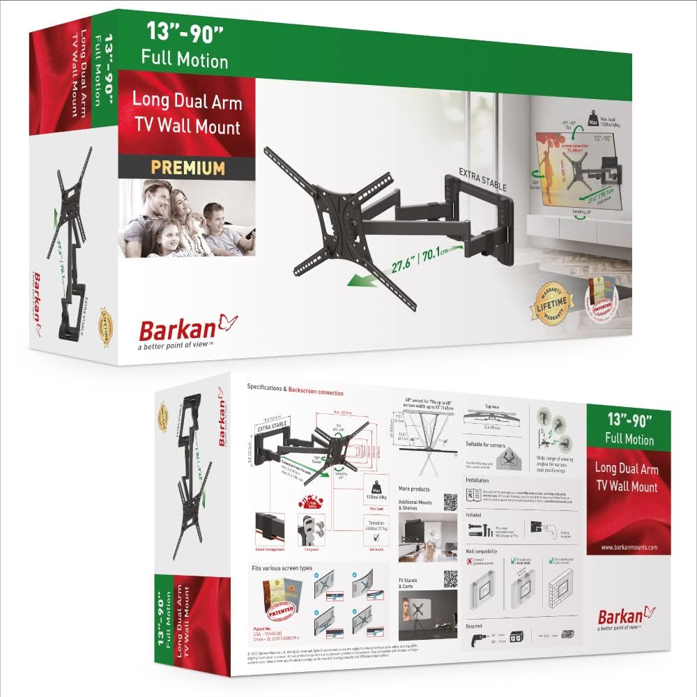 Barkan BM464L 13"-90" Dual Arm Full Motion Articulating TV Wall Mount with Long Arm