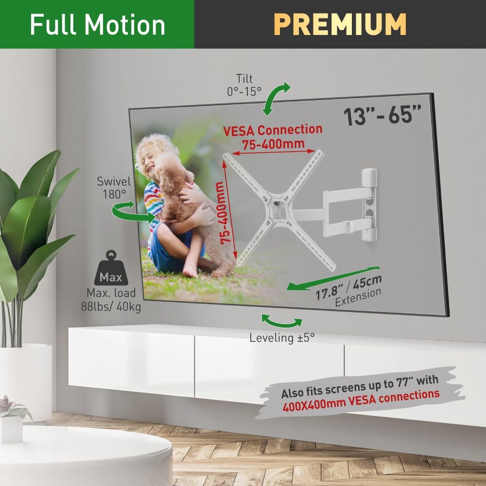 Barkan 3400W 13"-65" Full Motion Articulating TV Wall Mount (White)