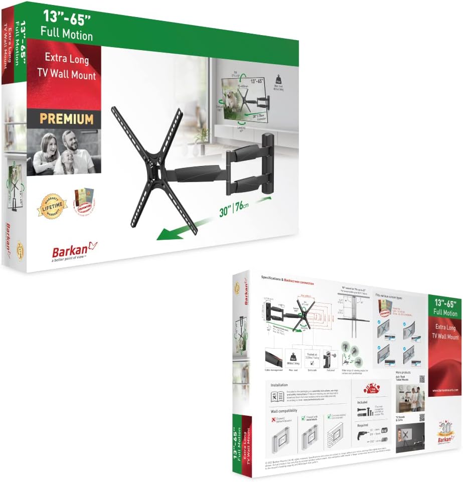Barkan BM343XL 13"-65" Full Motion Articulating TV Wall Mount with Xtra Long Arm