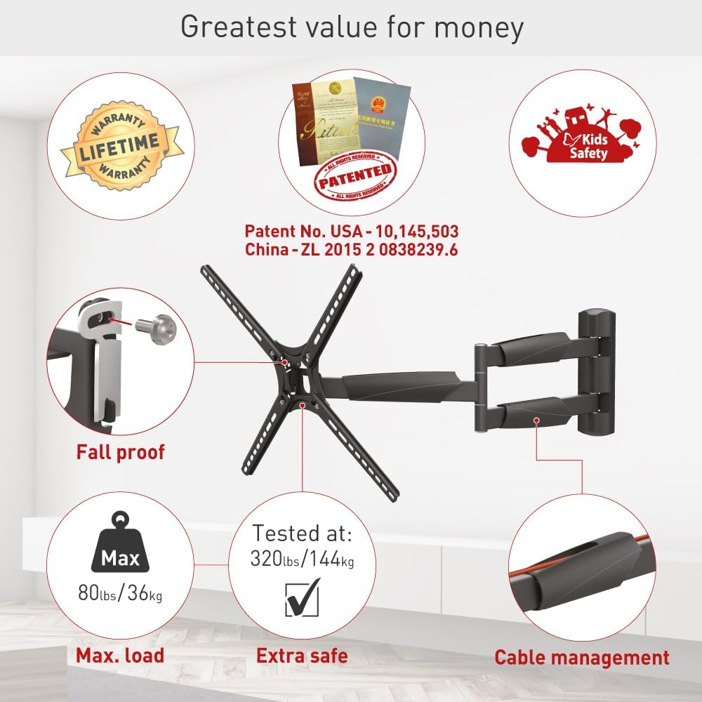 Barkan BM343XL 13"-65" Full Motion Articulating TV Wall Mount with Xtra Long Arm