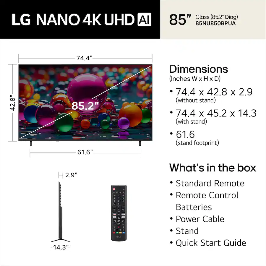 LG 85" NU85 4K Nano UHD AI Smart TV (2026)