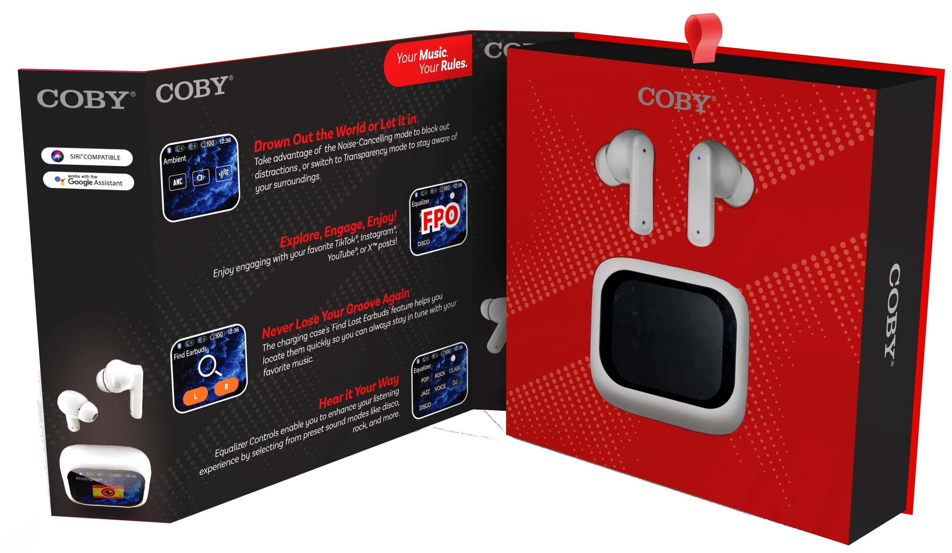 Coby CETW645 Active Noise Cancelling True Wireless Earbuds with Charging Smart Display Case