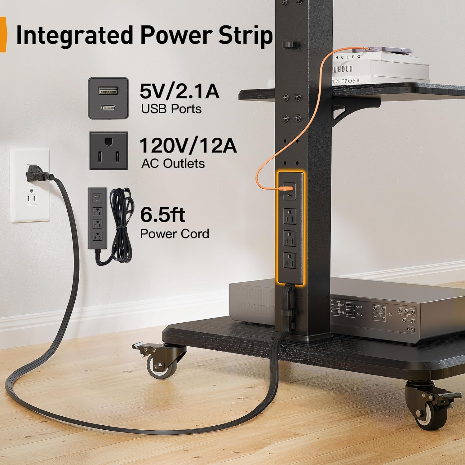 Perlegear Mobile Rolling TV Stand with Power Outlet For 32" - 75" TVs