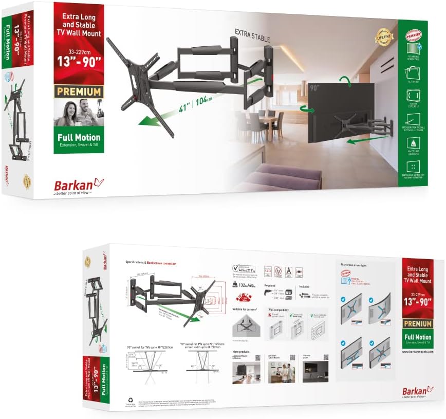 Barkan BM466XP 13"-90" Dual Arm Full Motion Articulating TV Wall Mount with Xtra Long Arm