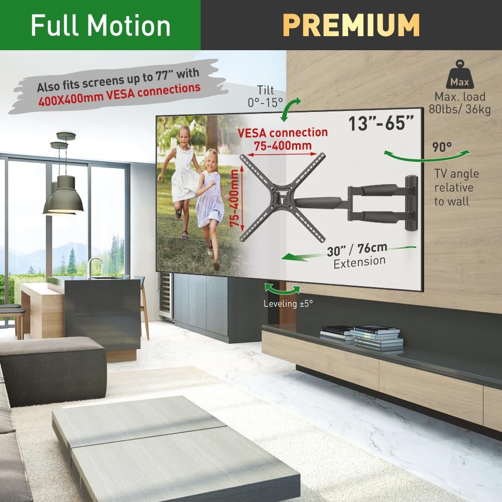 Barkan BM343XL 13"-65" Full Motion Articulating TV Wall Mount with Xtra Long Arm