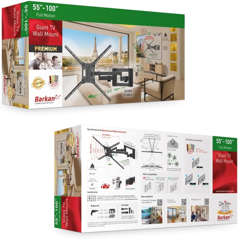 Barkan BM564L 55"-100" Giant Full Motion Articulating TV Wall Mount with Long Arm