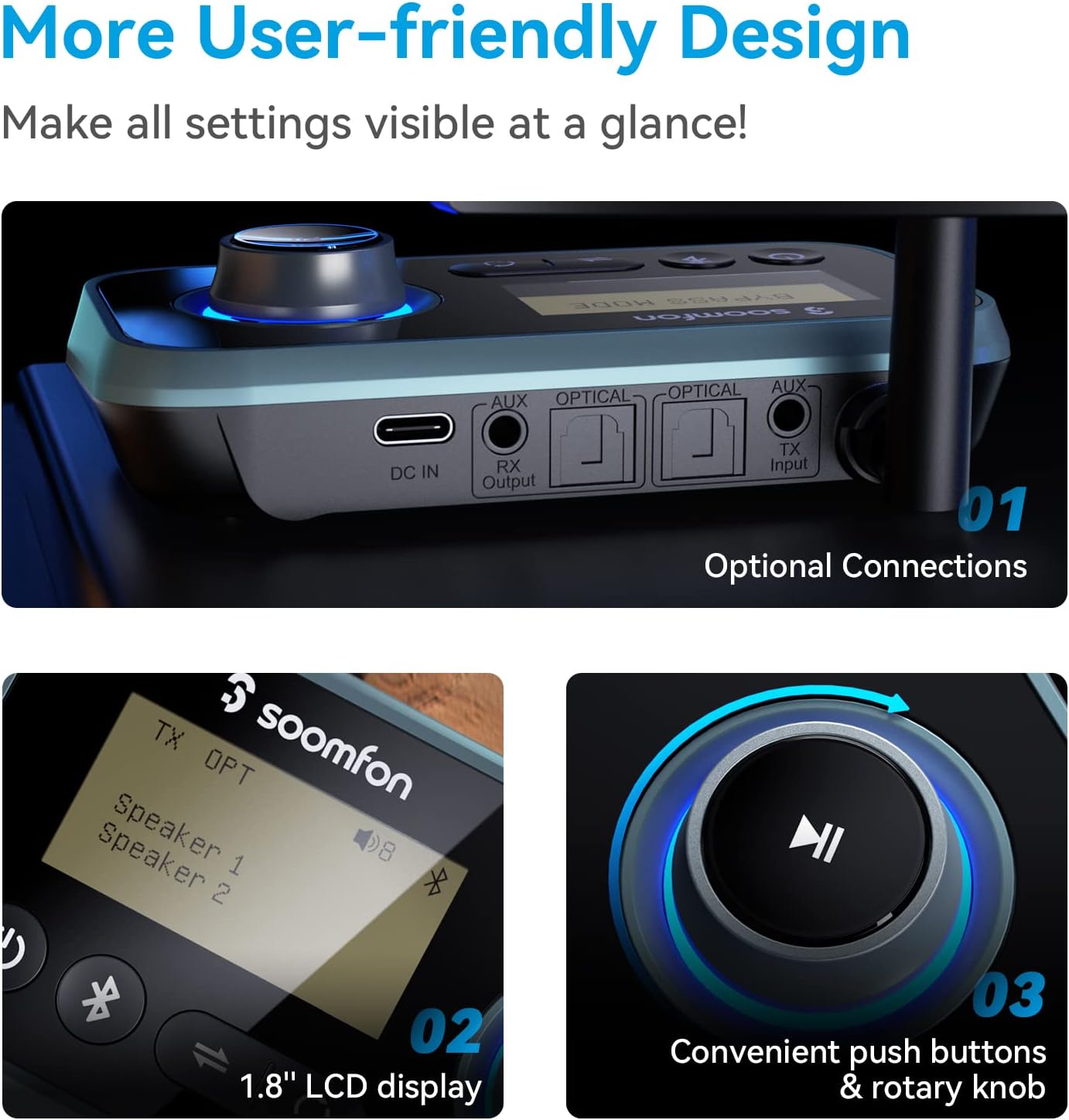 SOOMFON Bluetooth Transmitter for TV 3-in-1 Bluetooth 5.0 Transmitter Receiver for TV