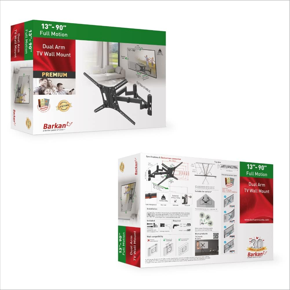 Barkan BM464 13"-90" Dual Arm Full Motion Articulating TV Wall Mount