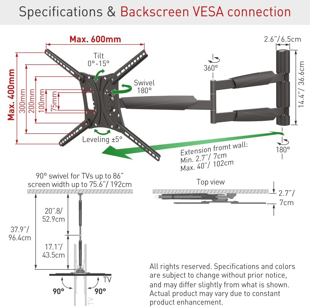Barkan BM443XL 13"-86" Full Motion Articulating TV Wall Mount with Xtra Long Arm